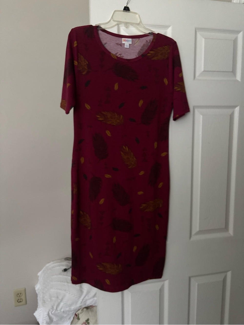 LuLaRoe Midi Dress in Burgundy with Gold Feather Print